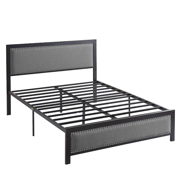 VECELO Metal Bed Frame Queen Gray with Linen Upholstered