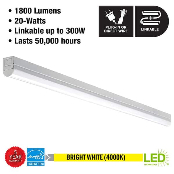 Commercial 4 ft LED Garage Workshop Ceiling Strip Light Plug-In or Hardwire Lumens Power & Linking Cord 4000K Bright White 54261141 - The Home Depot