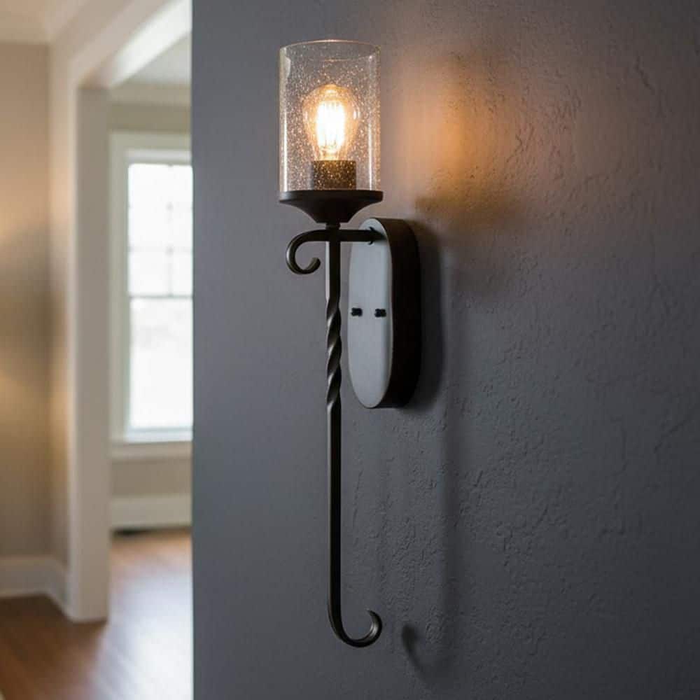 Casa 1-Light Olde Black With Clear Seedy Glass Sconce price history on PriceWatchPro