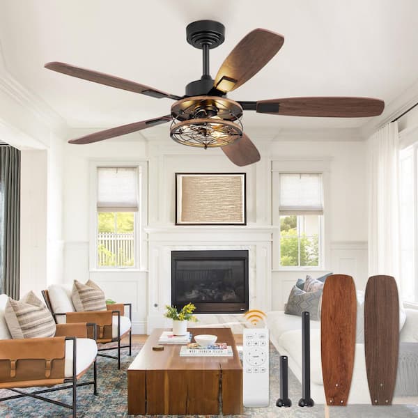 HINNIXY 52 in. Smart Indoor Black Downrod Farmhouse 6-Speed Caged Ceiling Fan with Light Kit and Remote Control DC Motor