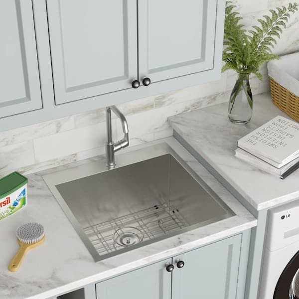 Logmey 22 in. x 22 in. Drop-In Laundry Sink 16-Gauge Brushed