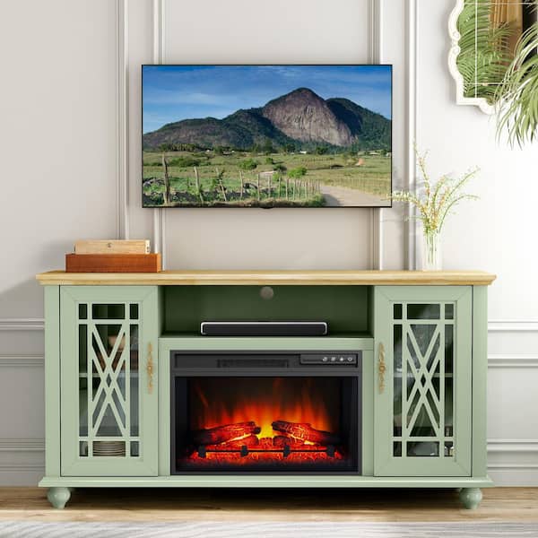 62 in. Freestanding Electric Fireplace TV Stand in Green