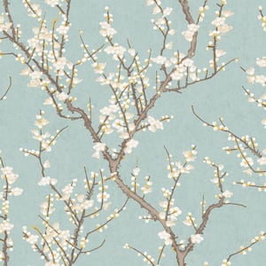 Spring Blossom Collection Sakura Tree Turquoise Matte Finish Non-Pasted Non-Woven Paper Wallpaper Roll