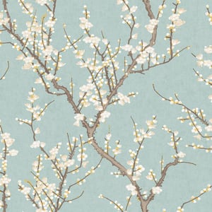 Spring Blossom Collection Sakura Tree Turquoise Matte Finish Non-Pasted Non-Woven Paper Wallpaper Sample