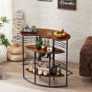 Home Bar Unit, Oval Bar Table with Wood Counter Top and Wine Rack Storage, Wine Bakers Rack for Dining Room, Brown