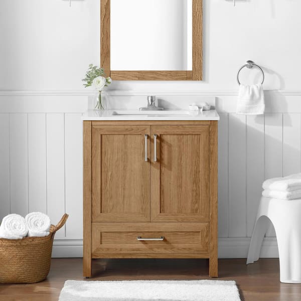 Home Decorators Collection Moorside 30 in. W x 19 in. D x 34 in. H Single Sink Bath Vanity in Sweet Maple with White Engineered Stone Top