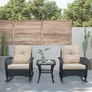 Dark Brown 3-Piece Wicker Rocking Patio Conversation Set with Beige Cushions