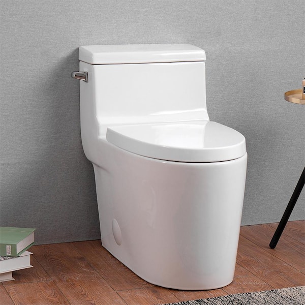 BWE 1-Piece Modern 1.28 GPF Single Flush Siphon Elongated ADA Chair Height Toilet Soft Closing Seat in Crisp White