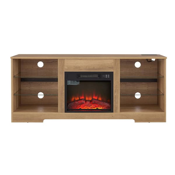 Brown 57.88 in Freestanding Wood TV Stand Electric Fireplace wiht Glass Shelves, LED Lights and USB Charging