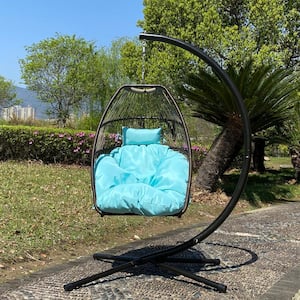 Pro 6.5 ft.Outdoor Patio Wicker Folding Hanging Chair, Rattan Swing Hammock Egg Chair with Cushion and Pillow in Blue