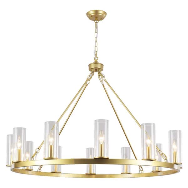 12-Light Gold Farmhouse Wagon Wheel Chandelier for Living Room Dining Room Kitchen Island