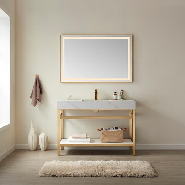 ROSWELL Funes 48 in. W x 22 in. D x 34 in. H Single Sink Bath Vanity in Brushed Gold with White Natural Stone Top and Mirror