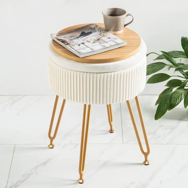 LUE BONA Beige Pink Velvet Storage Ottoman Gold Metal Legs Coffee Tabletop Cover 18 in. H