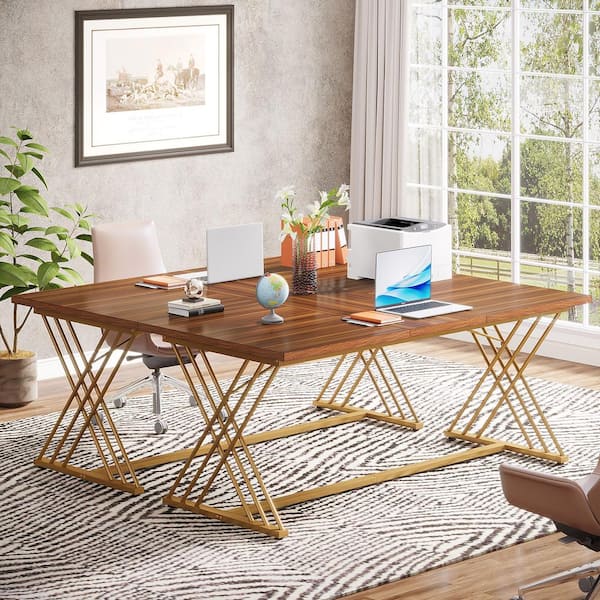 TRIBESIGNS WAY TO ORIGIN Perry 63 in. Brown Gold Wood Home Office Executive Desk Large Computer Table Study Writing Workstation Home Office