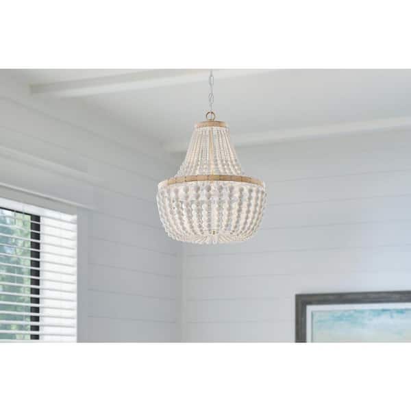 Hampton Bay Cayman 3-Light Faux Wood Chandelier Light Fixture with White Beaded Shade