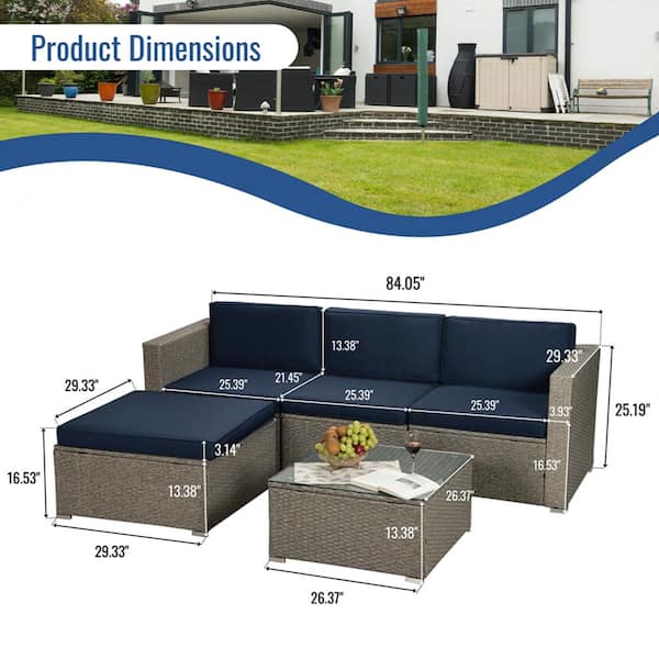 Unbranded 5-Piece Wicker Patio Conversation Sectional Seating Set with Navy Cushion