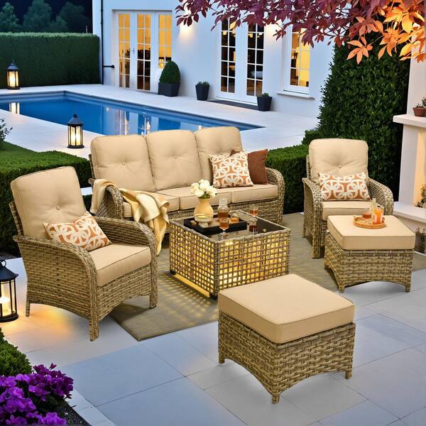 Beverly Gray 6-Piece Wicker Outdoor Patio Conversation Sofa Seating Set with Ottomans and Beige Cushions