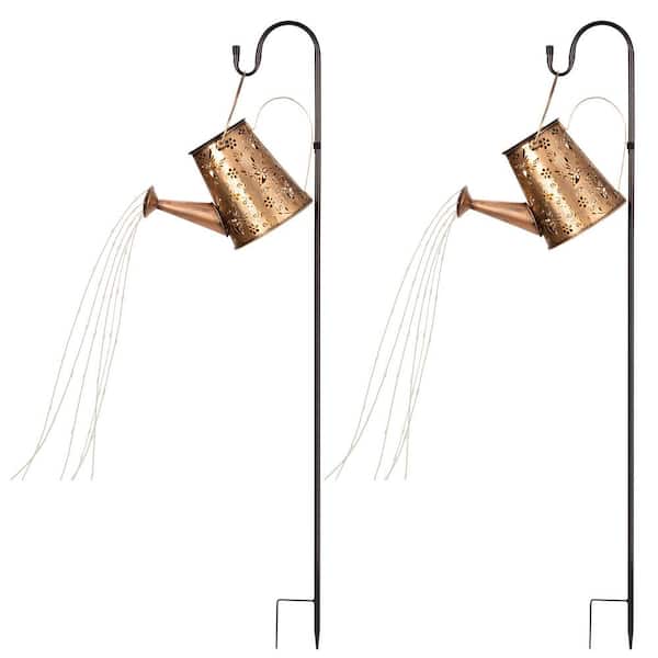Gold Metal Solar Light Outdoor Garden Decor, Hanging Waterproof Watering Can Path Light (2-Pack)