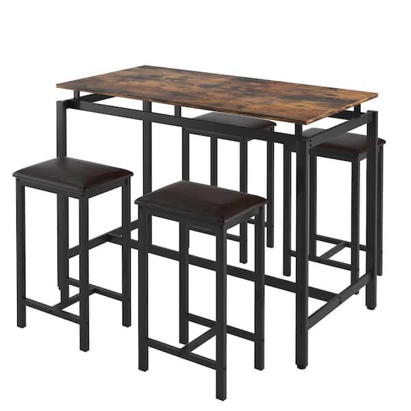 AOPSPS 5-Piece Metal Outdoor Bistro Set A Bar Table And 4 Bar Stools Soft Seat with Brown Cushion