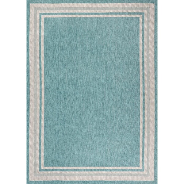James Modern Border Stripe Aqua/Beige 8 ft. x 10 ft. Indoor/Outdoor Area Rug