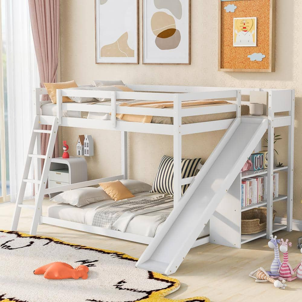 Polibi White Full Over Full Bunk Bed with Ladder, Slide and Shelves RS ...