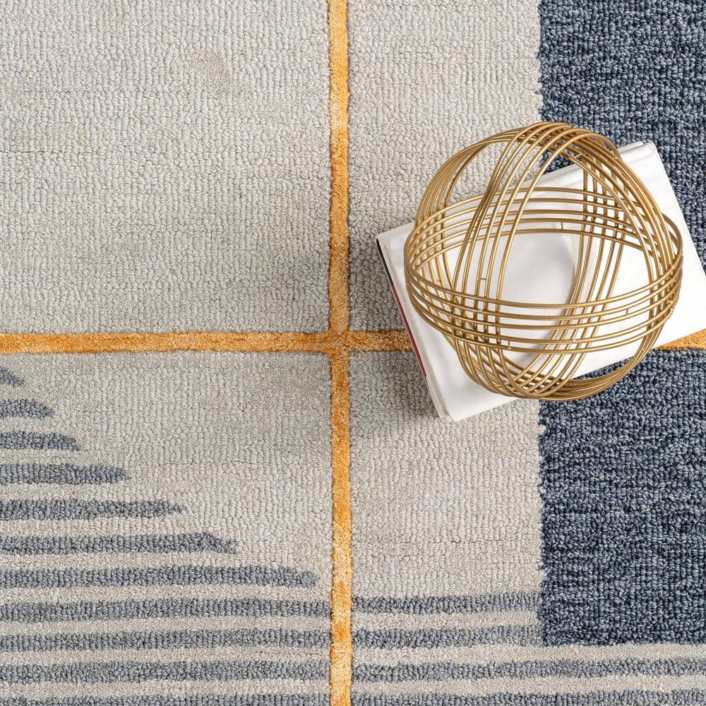 Blue and Gray Tufted Wool Striped Area Rug