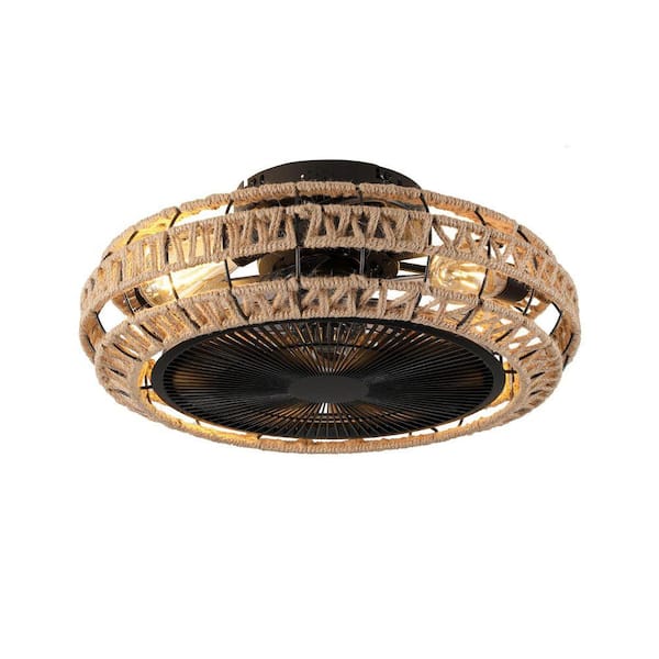 20 in. Black-A Standard Ceiling Fan with Light and Remote-Rope Cage Farmhouse Ceiling Fan, Time for Living Room