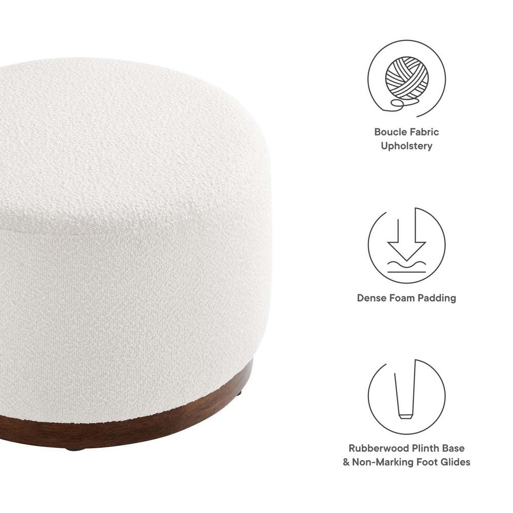 Tilden 23" Round Boucle Upholstered Ottoman with Walnut Base