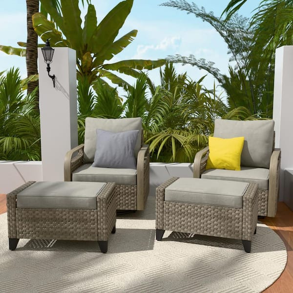 COOS BAY 4-Piece Brown Wicker Outdoor Patio Conversation Set Swivel Rocking Chairs with Gray Cushions and Ottomans