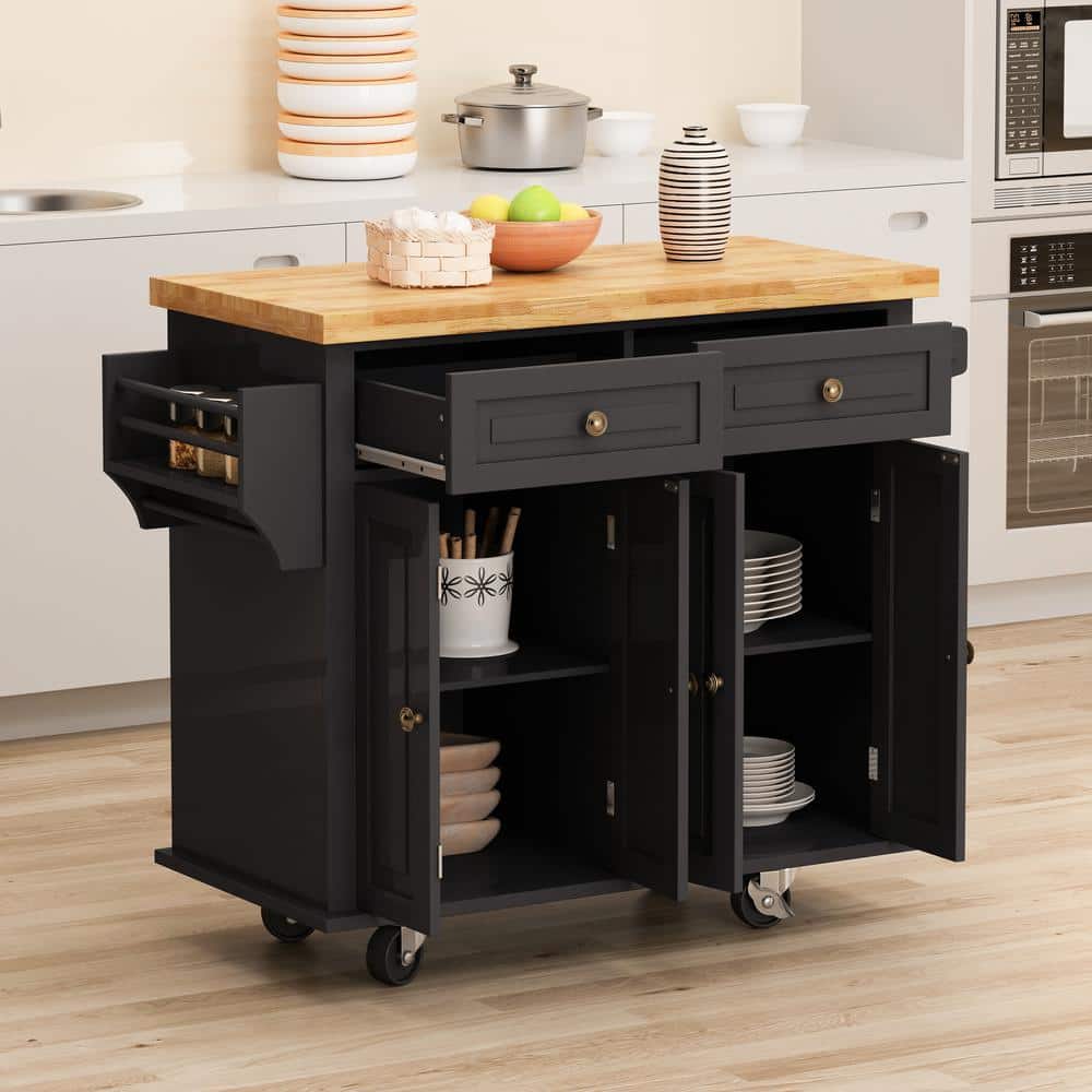 Black Wood Kitchen Cart with Drawers, Spice Rack, Towel Holder, and Adjusta