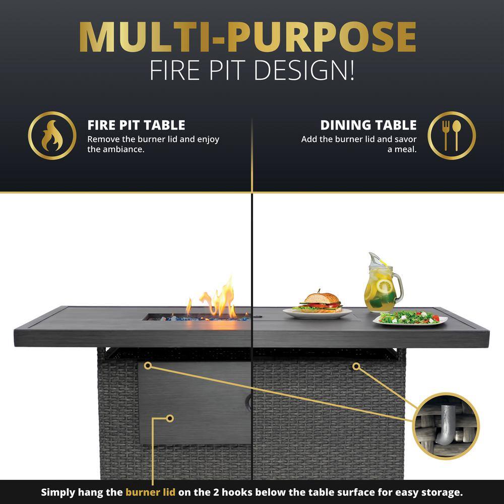 Novi 52" Gray Aluminum and Rattan Gas Fire Pit Table