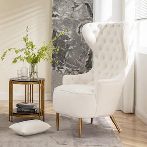 Cream Velvet Wingback Chair with Tufted Cushions (Set of 1)