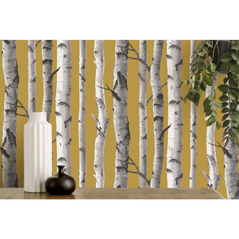 Mustard Yellow Birch Trees Non-pasted Washable Wallpaper