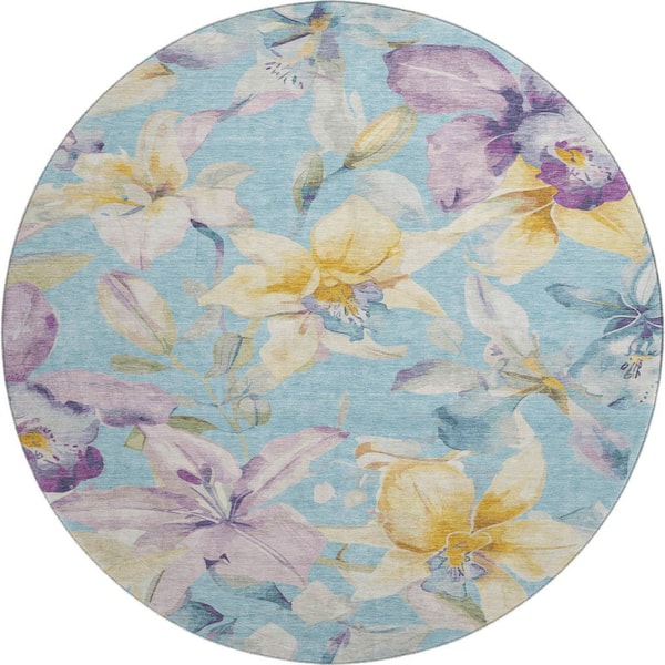 Mayfield Premium Machine Washable Abstract AMF2262 Aqua 8 ft. x 8 ft. Round Rug
