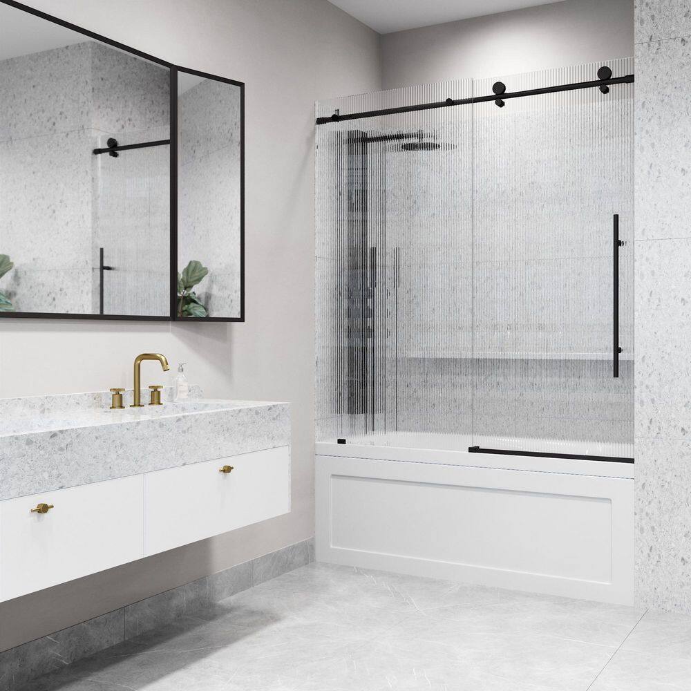 Elan E-Class 60" Matte Black Frameless Sliding Tub Door with Fluted Glass