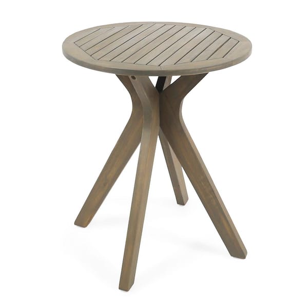 Unbranded Grey Acacia Wood Outdoor Side Table Patio Accent Slat Panel Bistro Round Top and Cross Base Design.