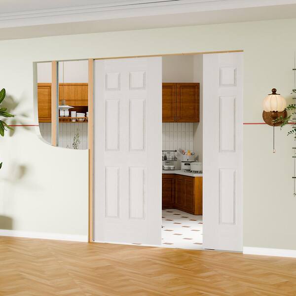 60 in. x 80 in. 6 Panel, Hollow Core, White Primed, MDF, Textured Pre-Assembled Sliding Door with All Hardware
