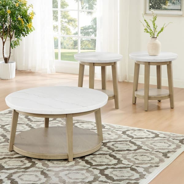 Vida 36 in. White Round Marble Coffee Table and 2 End Tables