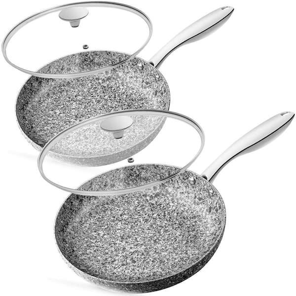 2-Piece Granite Nonstick Frying Pan Set with Lids Stone Coating Scratch Resistant Induction Compatible