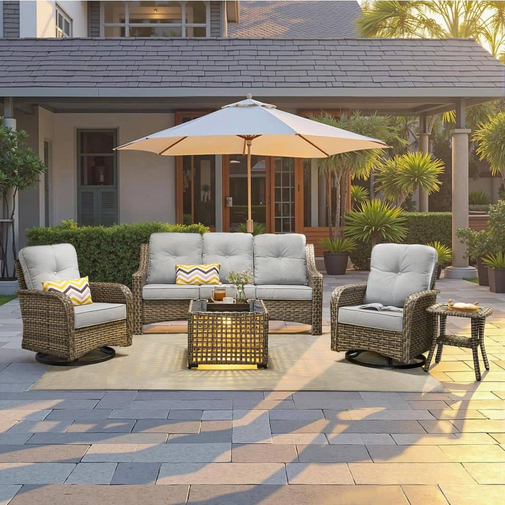 Padffie Gray 5-Piece Wicker Patio Conversation Seating Set with Gray Cushions and Solar LED Coffee Table price history on PriceWatchPro