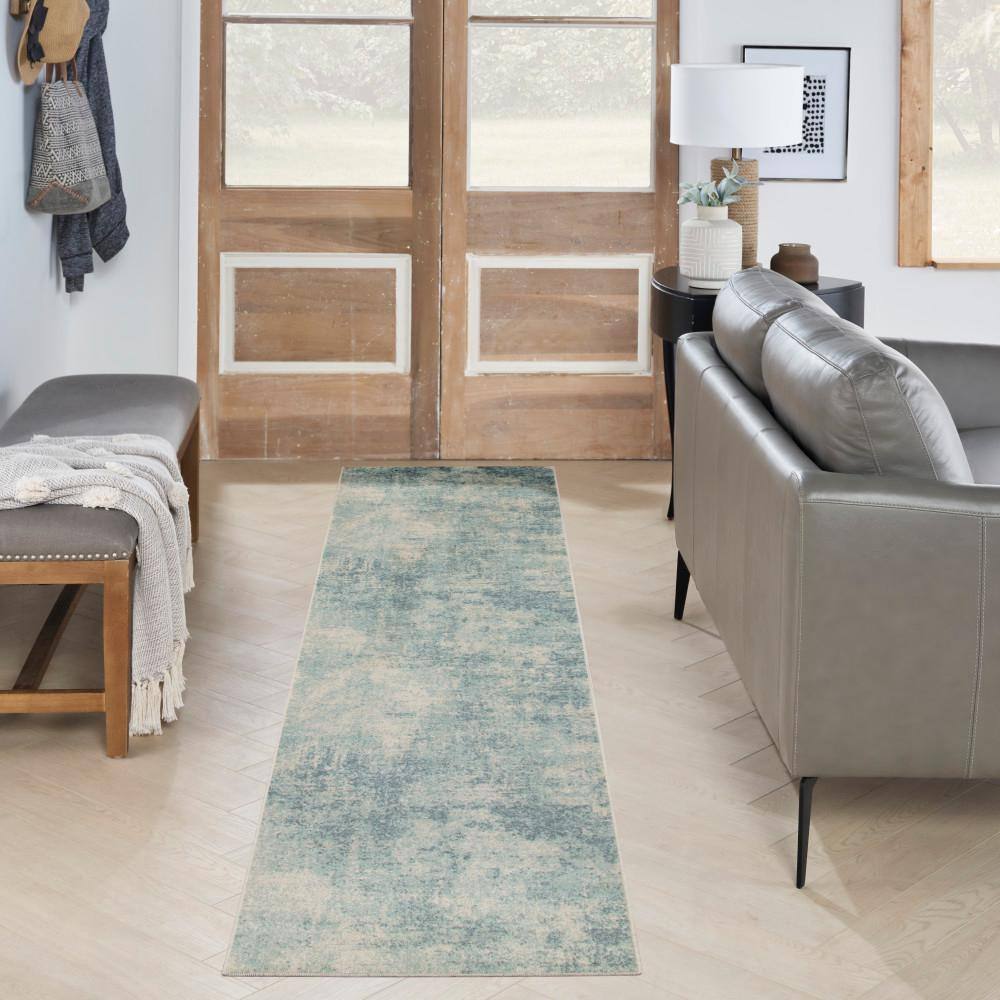 Astra Blue Ivory Flat Woven Synthetic Runner Rug 2'2" x 8'
