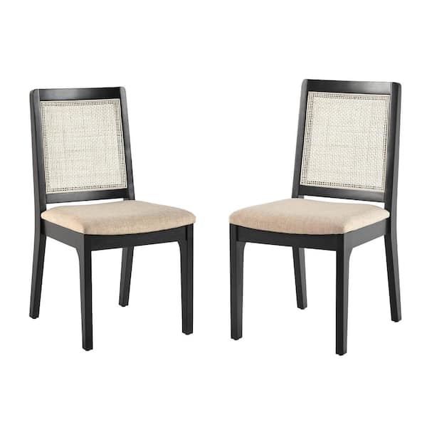2-Piece Black Boho Rattan Back Upholstered Dining Chairs