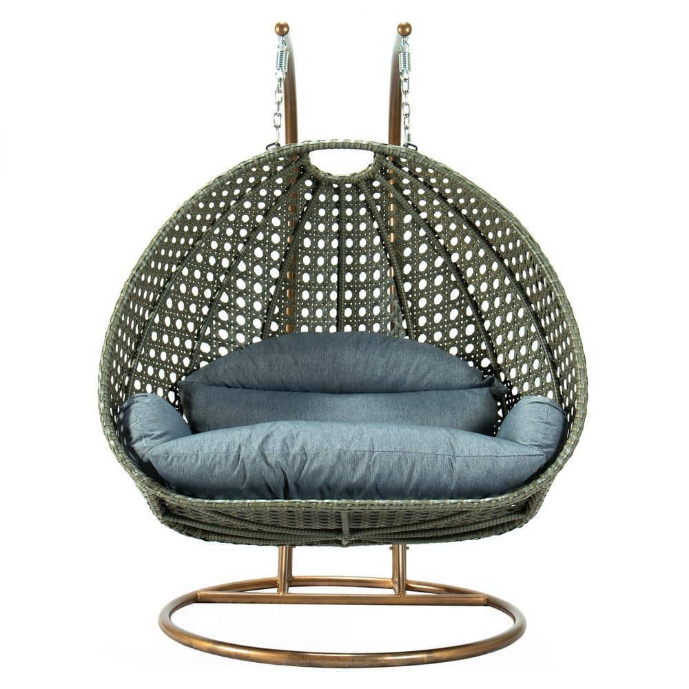 2-Person Double Hanging Egg Swing Chair with Stand, Beige Wicker Teardrop Loveseat, Charcoal Cushions, Outdoor Patio