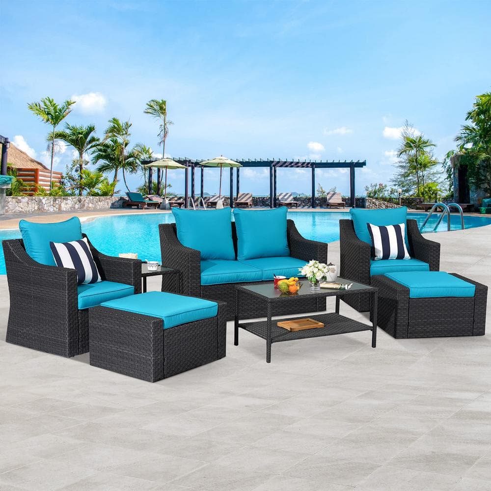 Black 7-Piece PE Wicker Outdoor Sectional Furniture Cushioned Sofa Set Pati