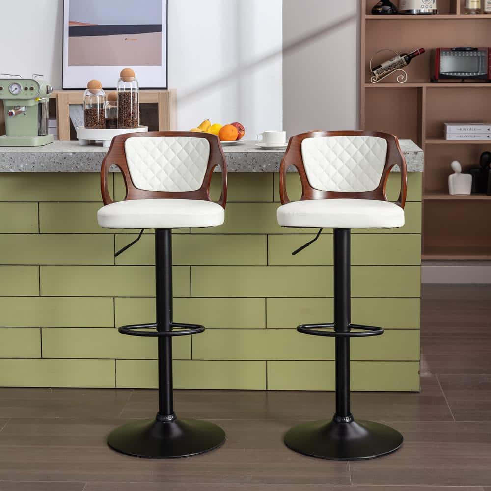 Adjustable White Faux Leather Swivel Bar Stools with Arms