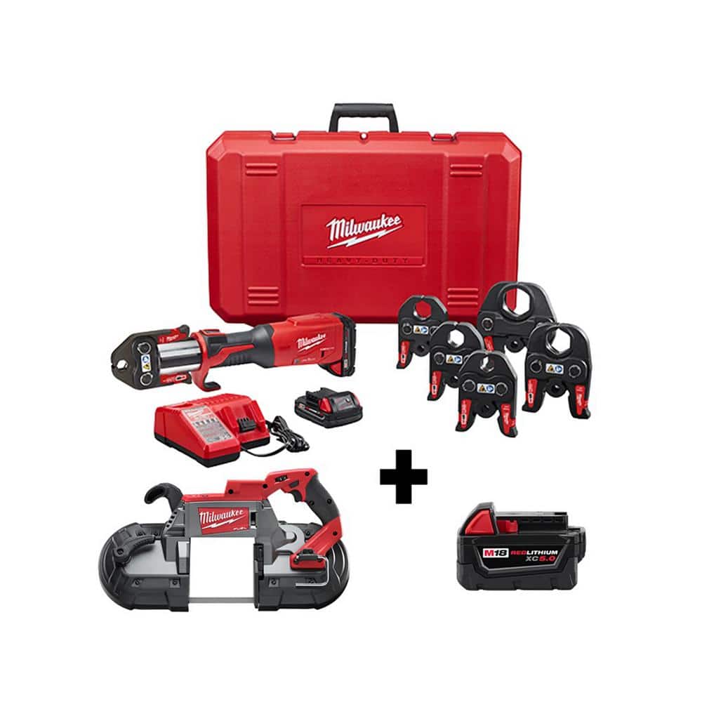 Milwaukee M18 18-Volt Lithium-Ion Brushless FORCE LOGIC Press Tool Kit w/  1/2 in. - 2 in. Jaws Kit w/ Bandsaw and 5.0Ah Battery 