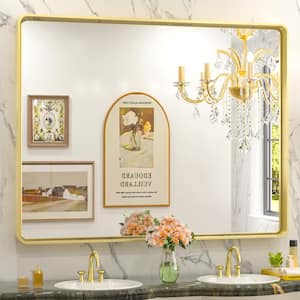 42 in. W x 36 in. H Rectangular Aluminum Framed Wall Mount Bathroom Vanity Mirror in Gold