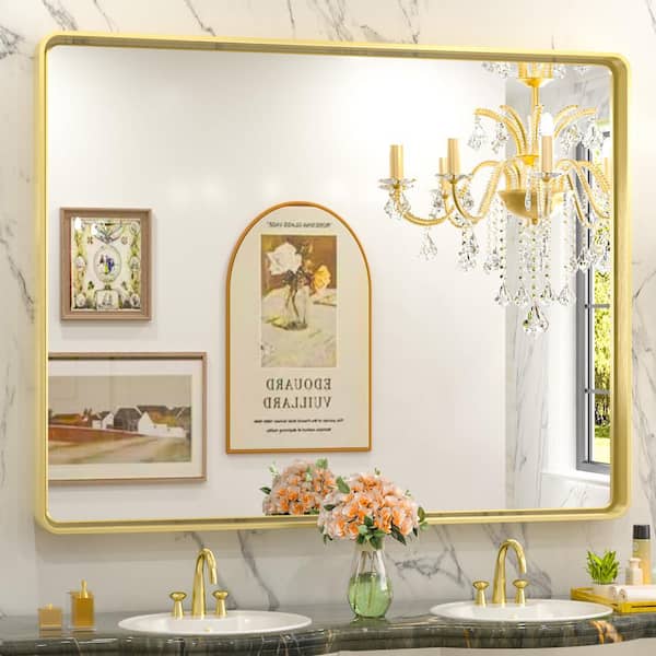 TETOTE 42 in. W x 36 in. H Rectangular Aluminum Framed Wall Mount Bathroom Vanity Mirror in Gold
