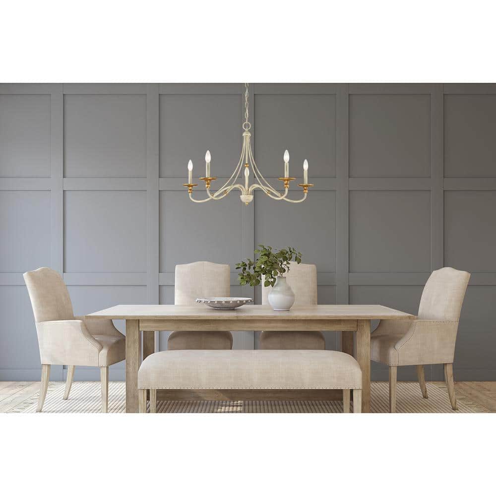 Westchester County 28" Farmhouse White and Gold Leaf 5-Light Chandelier