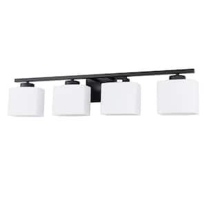 31 in. 4 Light Matte Black Modern Square Vanity Light for Bathroom, Bedroom, Hallway with Milk White Glass Shades